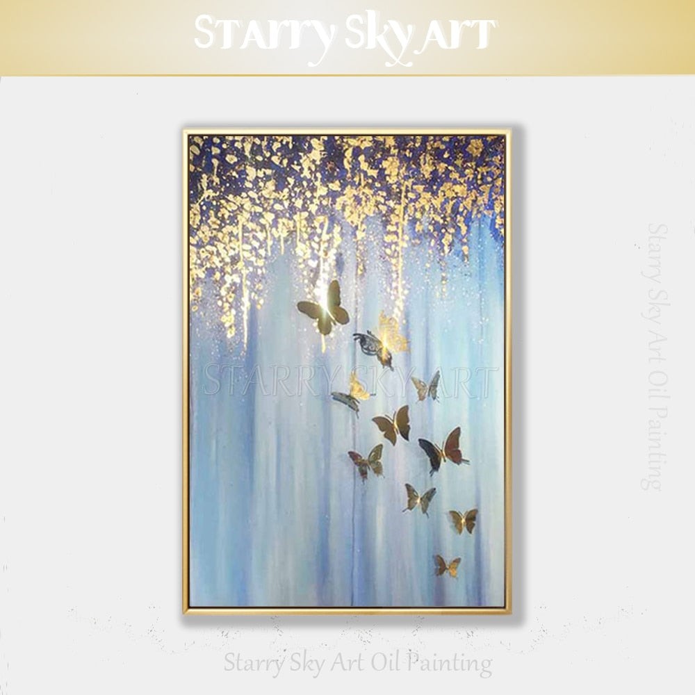 Artist Hand-painted High Quality Abstract Gold Foil Animal Butterfly Oil Painting Abstract Insect Shining Butterfly Oil Painting