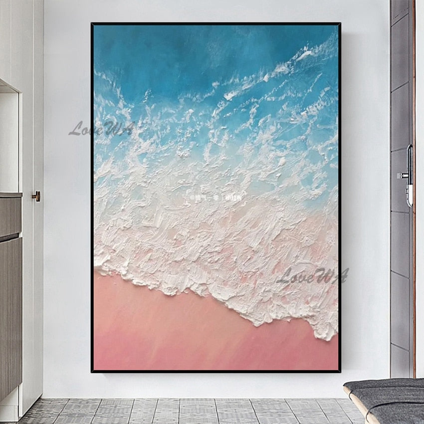 Abstract Sea Landscape Painting Of Blue Water And White Spray On Pink Beach Modern Wall Picture For Living Room Unframed Artwork