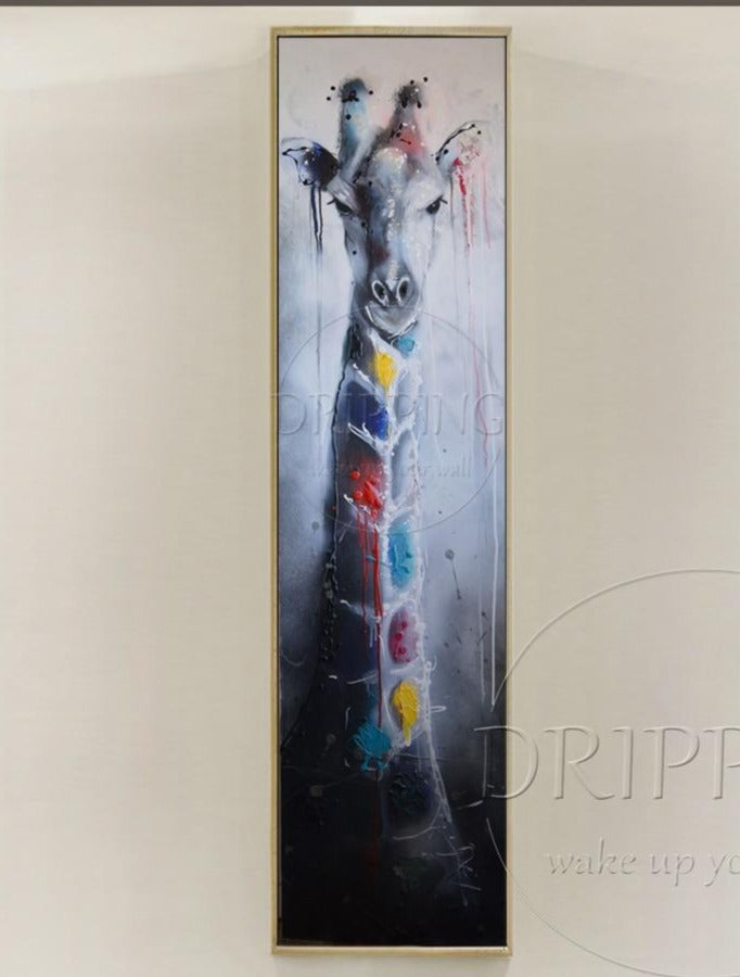 Free Shipping Very Long Size Handmade Giraffe Oil Painting on Canvas Handmade Funny Animal Giraffe Oil Painting For Living Room