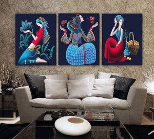 3 pieces handmade painting Chinese folk girls on oil canvas for home decor and wall poster