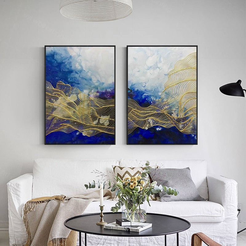 Handmade Abstract Painting On Canvas Blue Wall Art Pictures For Living Room Home Wall Decor Original Two Pieces Gold Line