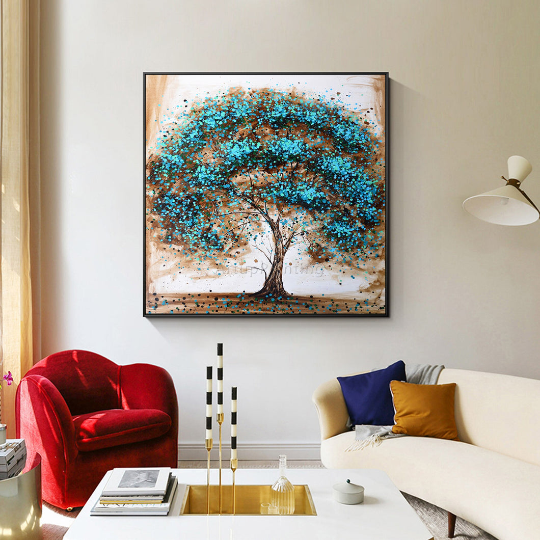 Modern Abstract Large Blue Green Tree On Canvas Large Handmade Original Acrylic texture Wall Art Living room Home decor poster