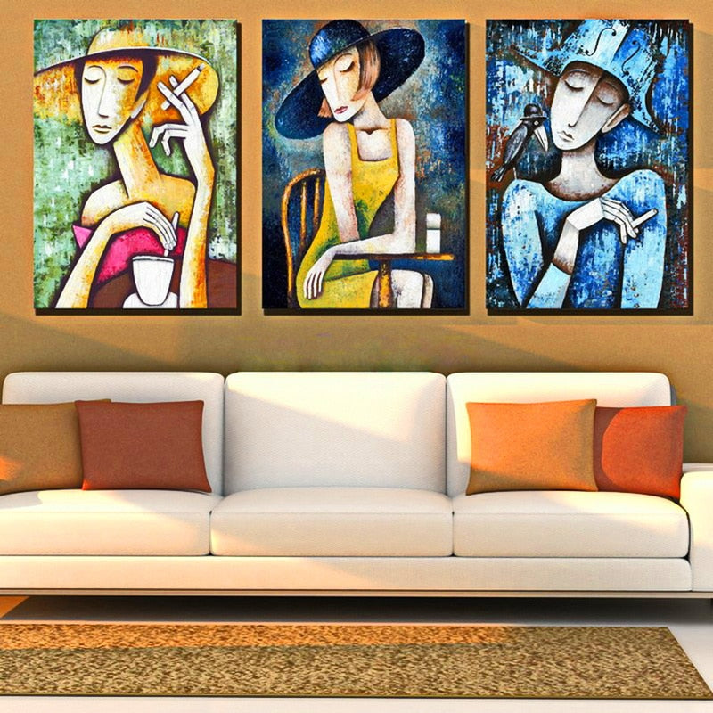 3 piecces handmade painting girl portrait smoking  on oil canvas for living room decor and wallpaper