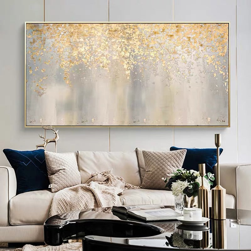 The Goldleaf Dots Picture 100% Hand Painted Modern Abstract Oil Painting on Canvas Wall Art for Living Room Home Decor No Frame