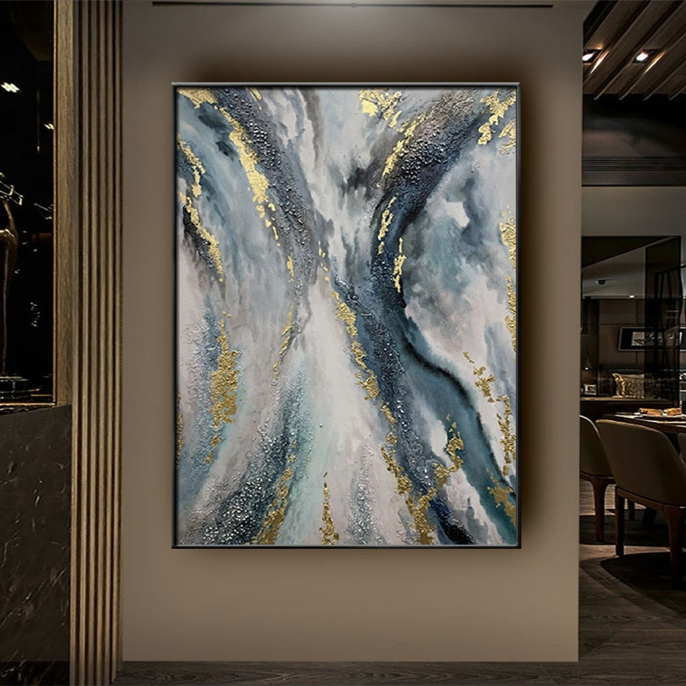 Hand painted Abstract oil painting Contemporary Art Painting Large BLUE Silver Grey Vertical wall picture modern Design Artwork