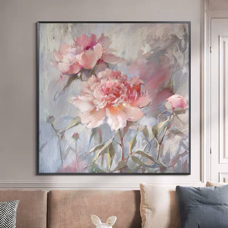 Modern Artist Painted Abstract Pink Peony Flower Oil Painting On Canvas Wall Art Frameless Picture Decor For Live Room Home Gift