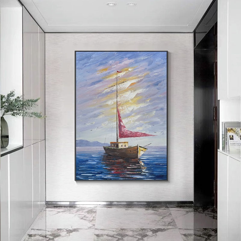 Hand-Painted Oil Painting Nordic Landscape Hanging Painting Sailing Boat Oil Painting Living Room Porch Study Room Mural Office