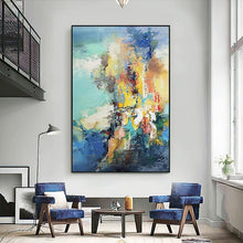 Load image into Gallery viewer, Hand painted abstract oil painting modern minimalist blue green yellow abstract color aisle decorative painting vertical version