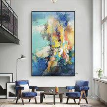 Load image into Gallery viewer, Hand painted abstract oil painting modern minimalist blue green yellow abstract color aisle decorative painting vertical version