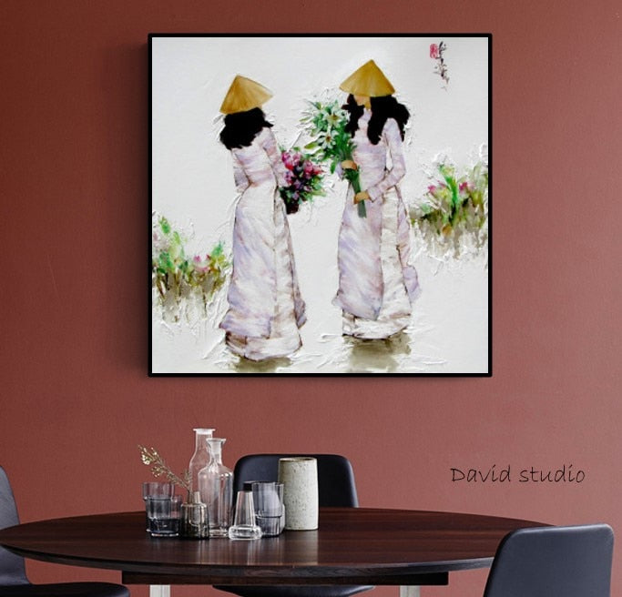 Pure Handmade Knife Painting Abstract Art Ladies Lily with Flowers Vietnamese Art for Living Room Wall Decoration