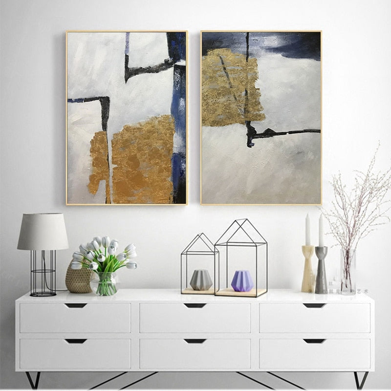 Gold Abstract Handmade Canvas Painting Wall Art Pictures For Living Room Home Decoration Two Pieces Salon