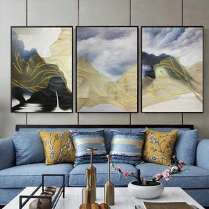 Handmade Abstract Landscape Canvas Oil Painting Gold Line Black Wall Art Picture For Living Room Home Decoration Three Pieces