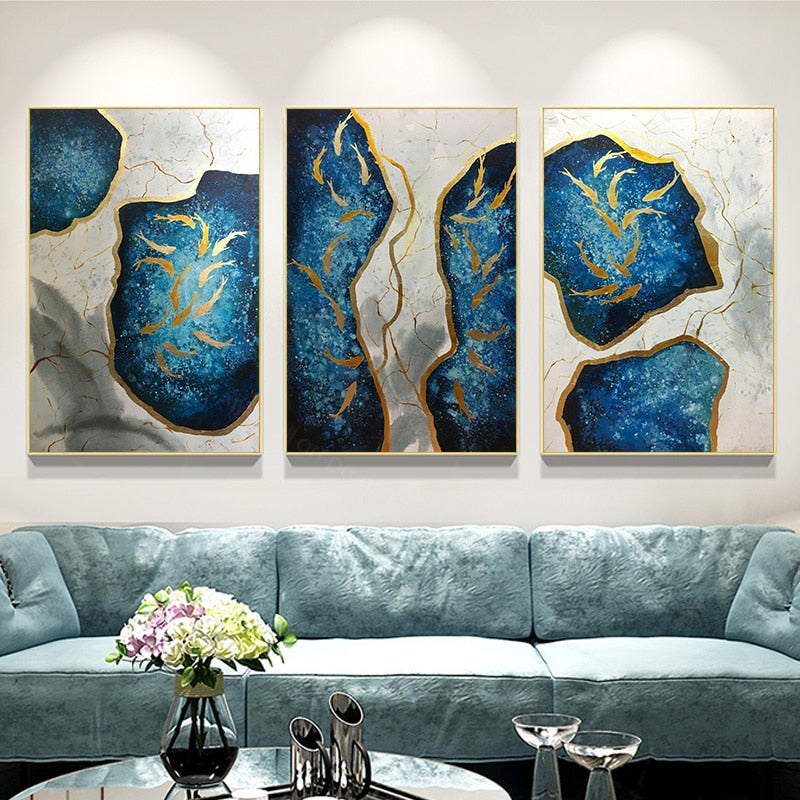 Handmade Abstract Canvas Painting Wall Art Decoration Gold Fish For Living Room Home Salon Picture Three Pieces Decor