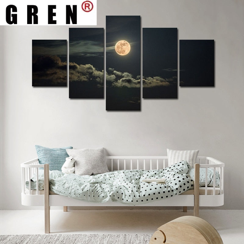 5 Pcs Modern Night Moonscape Canvas Art Painting Prints Wall Decorative Posters for Living Room Bedroom Home Decor Unframed