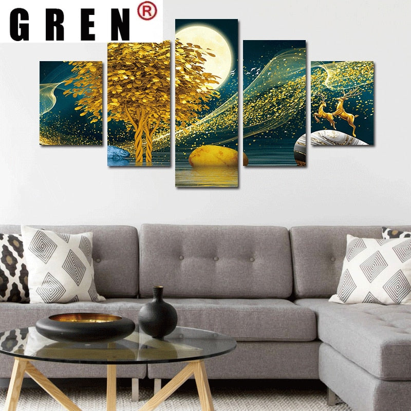 Unframed 5 Pcs Golden Tree Deer Moon Canvas Painting Prints Abstract Wall Decorative Posters Pictures Home Decor Wall Art