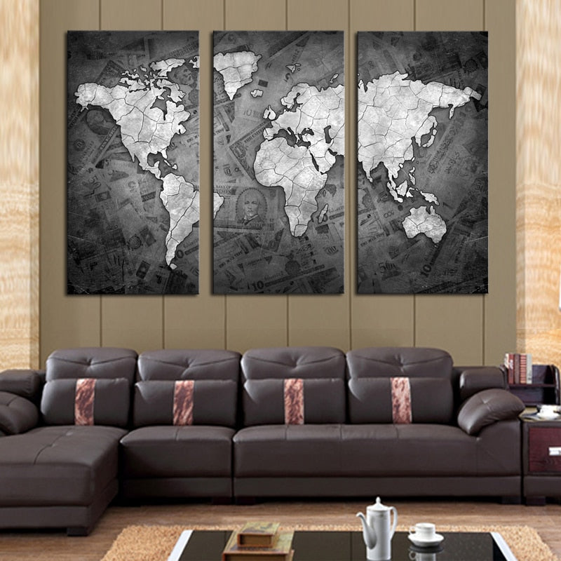 Frameless 3 PCS Wall Art Classical Grey Color Modern World Map Canvas Painting Contemporary Artwork Wall Picture For Living Room