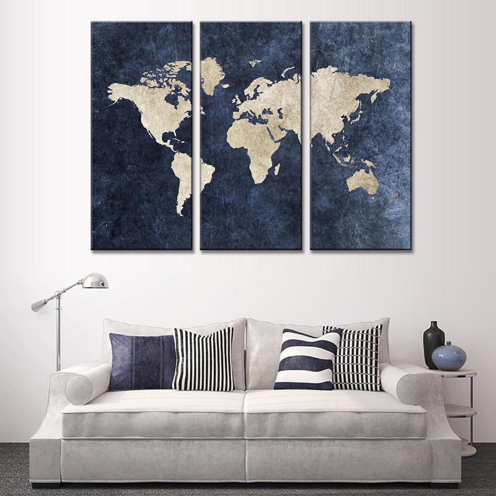 New 3 Pcs Abstract Navy Blue World Map Canvas Painting Modern Wall Pictures For Office Room Decor Unframed Hot Modular Pictures