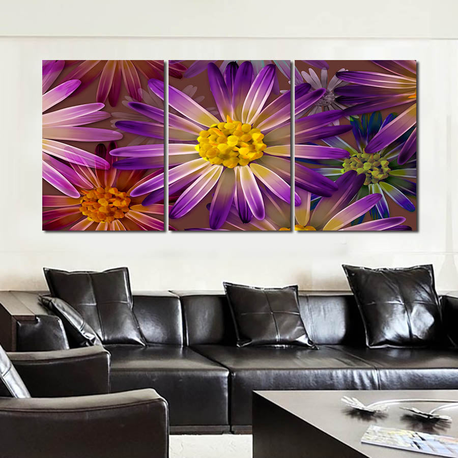 3 Pcs (No Frame Purple Flowers Wall Art Picture Modern Home Decoration Living Room Or Bedroom Canvas Print Painting Wall Picture