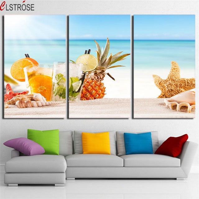 Canvas Wall Art Pictures Home Decor Living Room HD Printed 3 Pcs Ice Fruit Drink Paintings Modern Beach Shells Poster