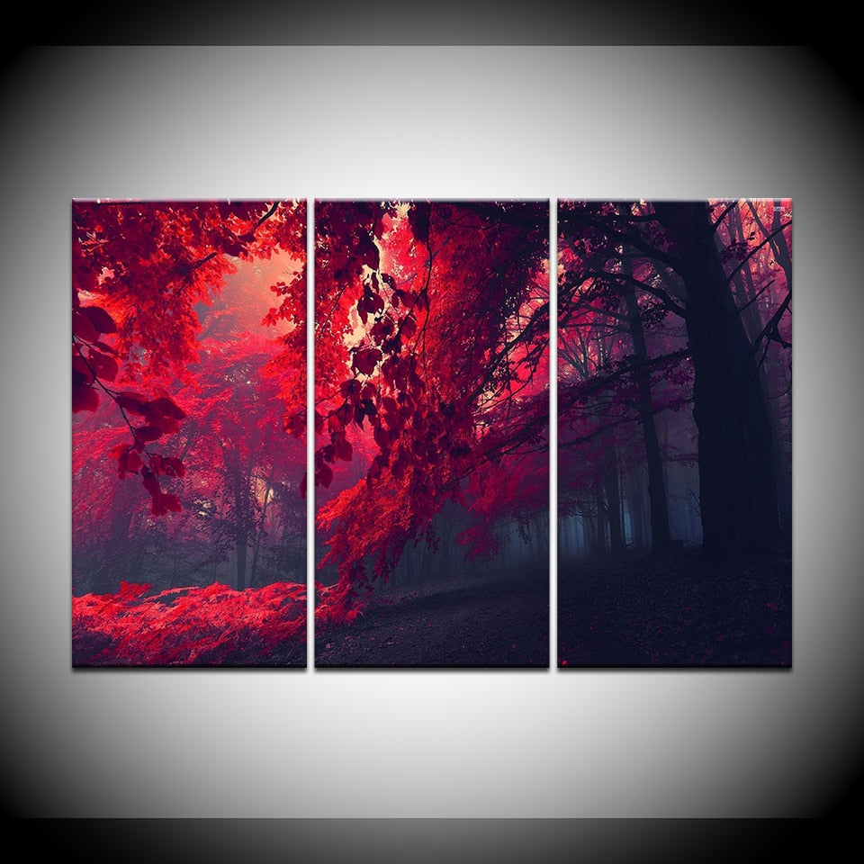 Modular Frame Canvas Print Painting Red Tree Landscape Home Decor Oil Picture Wall Art Decorative Picture for Living Room 3 Pcs