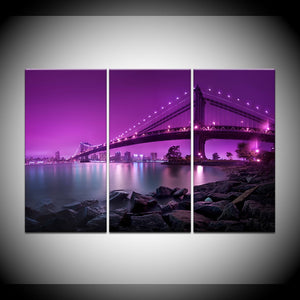 3 Pcs/Set Modern Wall Painting Brooklyn Bridge Combined Paintings Purple Canvas Print Wall Art Picture Framed Painting Artwork