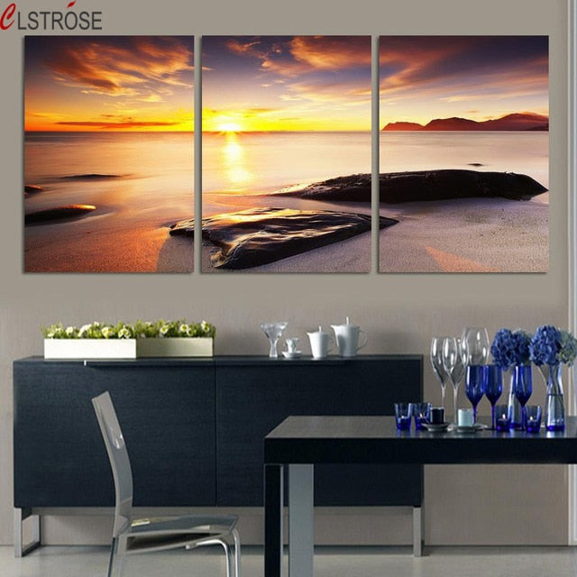 3 Pcs Wall Art Sunset At Sea Painting Prints On The Wall Picture Art HD Seaside Rocks Decoration Poster For Living Room