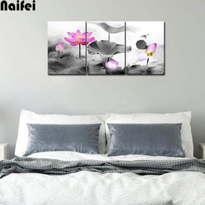 3 Piece Canvas Wall Art Pink Lotus Flower Picture Canvas Prints Modern Bedroom Living Room Decoration Relax Zen Floral Artwork G