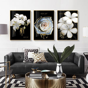 3 Pcs Black White Flowers Nordic Print Poster Gold Luxury Canvas Modern Wall Art Painting Picture Living Room Home Decor