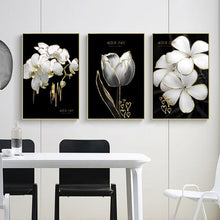 Load image into Gallery viewer, 3 Pcs Black White Flowers Nordic Print Poster Gold Luxury Canvas Modern Wall Art Painting Picture Living Room Home Decor