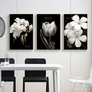 3 Pcs Black White Flowers Nordic Print Poster Gold Luxury Canvas Modern Wall Art Painting Picture Living Room Home Decor