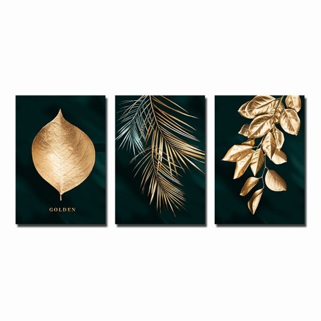 3 Pcs Nordic Poster Golden Leaf Canvas Abstract Painting Wall Art Pictures for Living Room Home Decoration