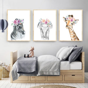 3 Pcs Animal Canvas Wall Art Pictures Zebra Elephant Giraffe Nursery Print Painting Wall Poster Kids Baby Bedroom Home Decor