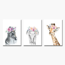 Load image into Gallery viewer, 3 Pcs Animal Canvas Wall Art Pictures Zebra Elephant Giraffe Nursery Print Painting Wall Poster Kids Baby Bedroom Home Decor