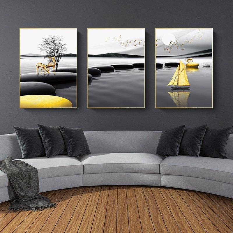 3 Pcs Nordic Print Landscape Poster Boat Deer Black Yellow Stone Wall Art Canvas Painting Wall Pictures Living Room Decoration