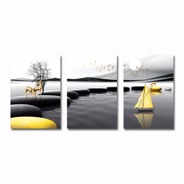 3 Pcs Nordic Print Landscape Poster Boat Deer Black Yellow Stone Wall Art Canvas Painting Wall Pictures Living Room Decoration