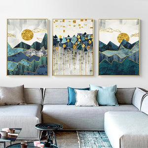 3 Pcs Nordic Abstract Mountain Landscape Wall Art Canvas Painting Golden Sun Print Art Poster Wall Pictures Home Decor