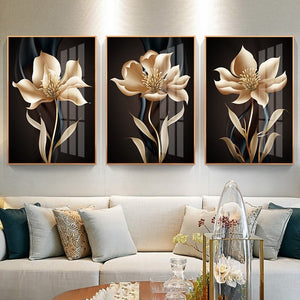 3 Pcs Wall Art Abstract Canvas Painting Black Golden Flower Nordic Poster Print Wall Pictures for Living Room Home Decoration