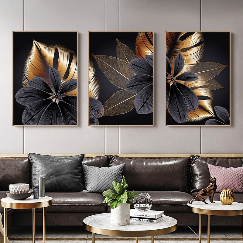 3 Pcs Modern Abstract Plant Leaf Canvas Poster Print Wall Art Black Golden Painting Nordic Pictures Living Room Home Decoration