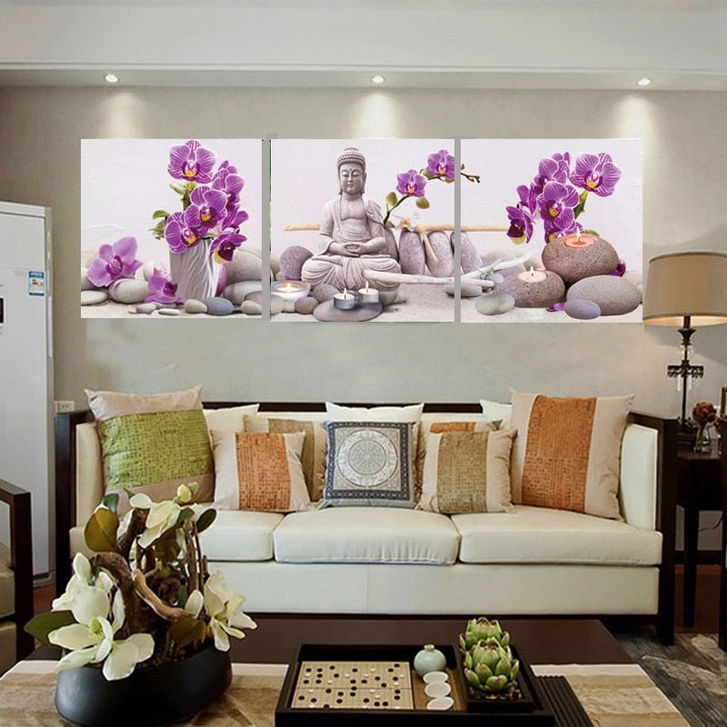 Home Decoration living room Wall picture canvas painting Print cuadros oil paintings 3 pcs Buddha religion purple flower