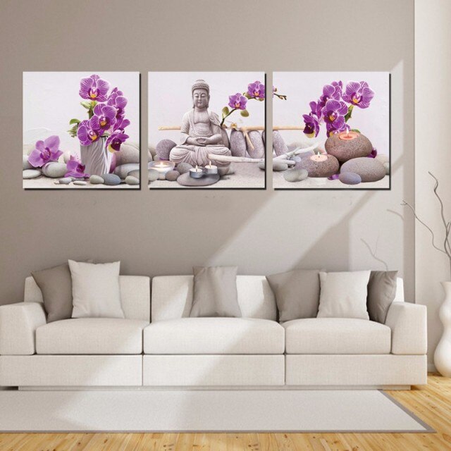 Home Decoration living room Wall picture canvas painting Print cuadros oil paintings 3 pcs Buddha religion purple flower