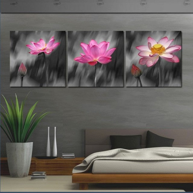 Pink lotus flower No Frame 3 Pcs Oil Paintings on Canvas Wall Pictures For Living Room Wall Art Poster Large HD Modular Pictures