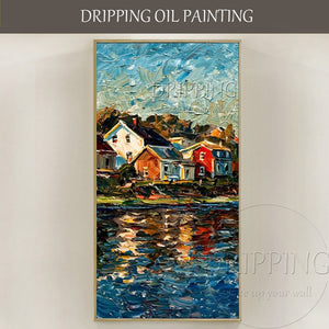 Top Artist Pure Hand-painted High Quality Thick Textured Impressionist Landscape Oil Painting on Canvas Houses and Lake Painting