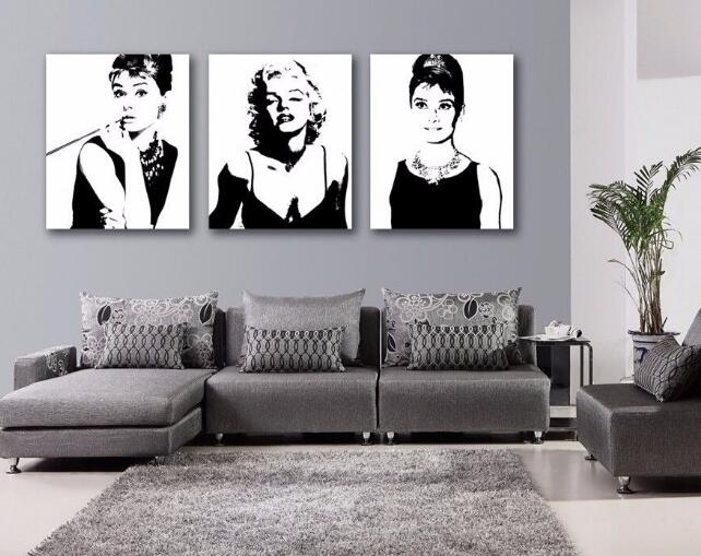 3 pcs Audrey Hepburn and marilyn-monroe Pop art style Oil Painting On Canvas hand painted Wall Art Decor