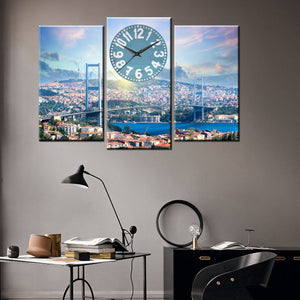 3 PCS With Clock Turkey Istanbul Bosphorus Landscape Painting Canvas Table 81X50 CM