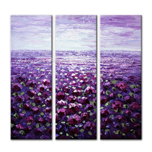 3 Pcs Combination Hand Painted Flower Oil Painting On Canvas Lavender Ocean Abstract Wall Art Picture For Living Room Decoration