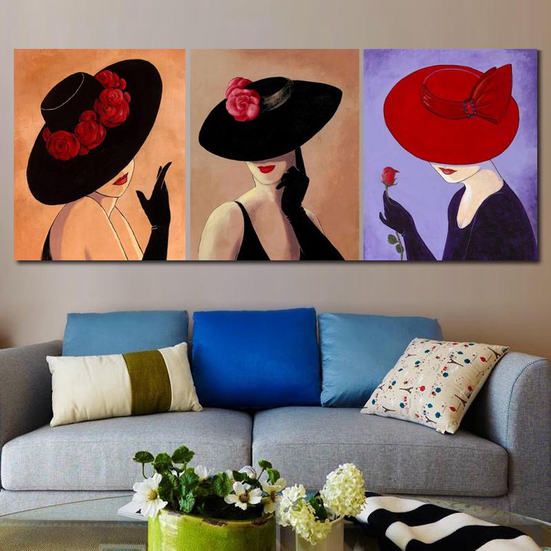 Figure art abstract Woman in black with red hat Hand painted Oil painting modern artwork for living room wall decor SET OF 3 PCS