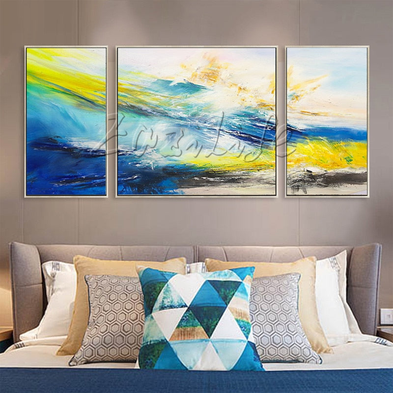 Canvas Acrylic painting caudros decoracion 3 pieces blue yellow abstract Painting Wall Art Pictures for living room Home Decor97