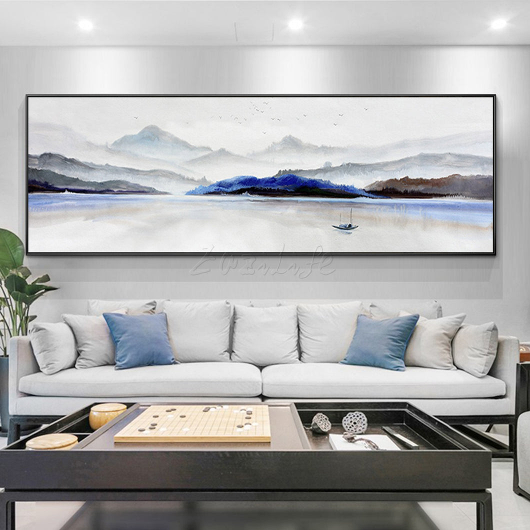 Abstract Landscape Mountain Sea Canvas Painting Large Framed Wall Art Black Grey White Oil Painting Living Room Wall Decor