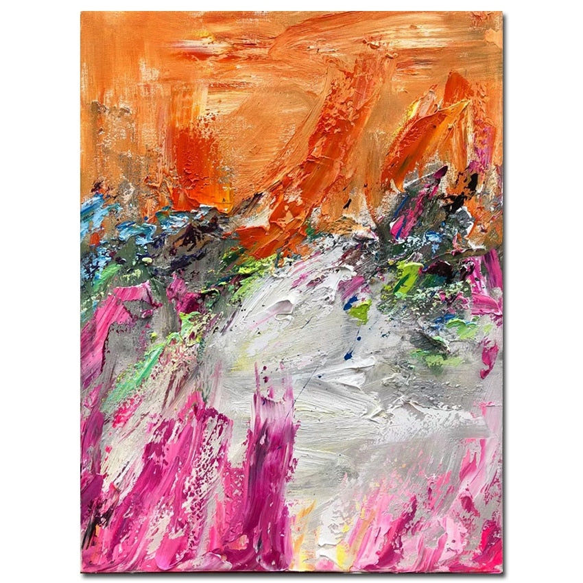 Handmade decorative knife painting, living room mural, abstract orange and pink picture art without frame on canvas