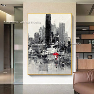 Large 100% Handmade Abstract Modern City Building Oil Painting Grey Canvas Art Picture for Living Room Office Home Decoration